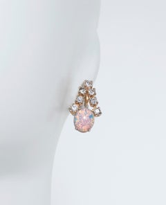 Art Nouveau Genuine Opal Cabochon and Rhinestone Drop Screwback Earrings, 1940s