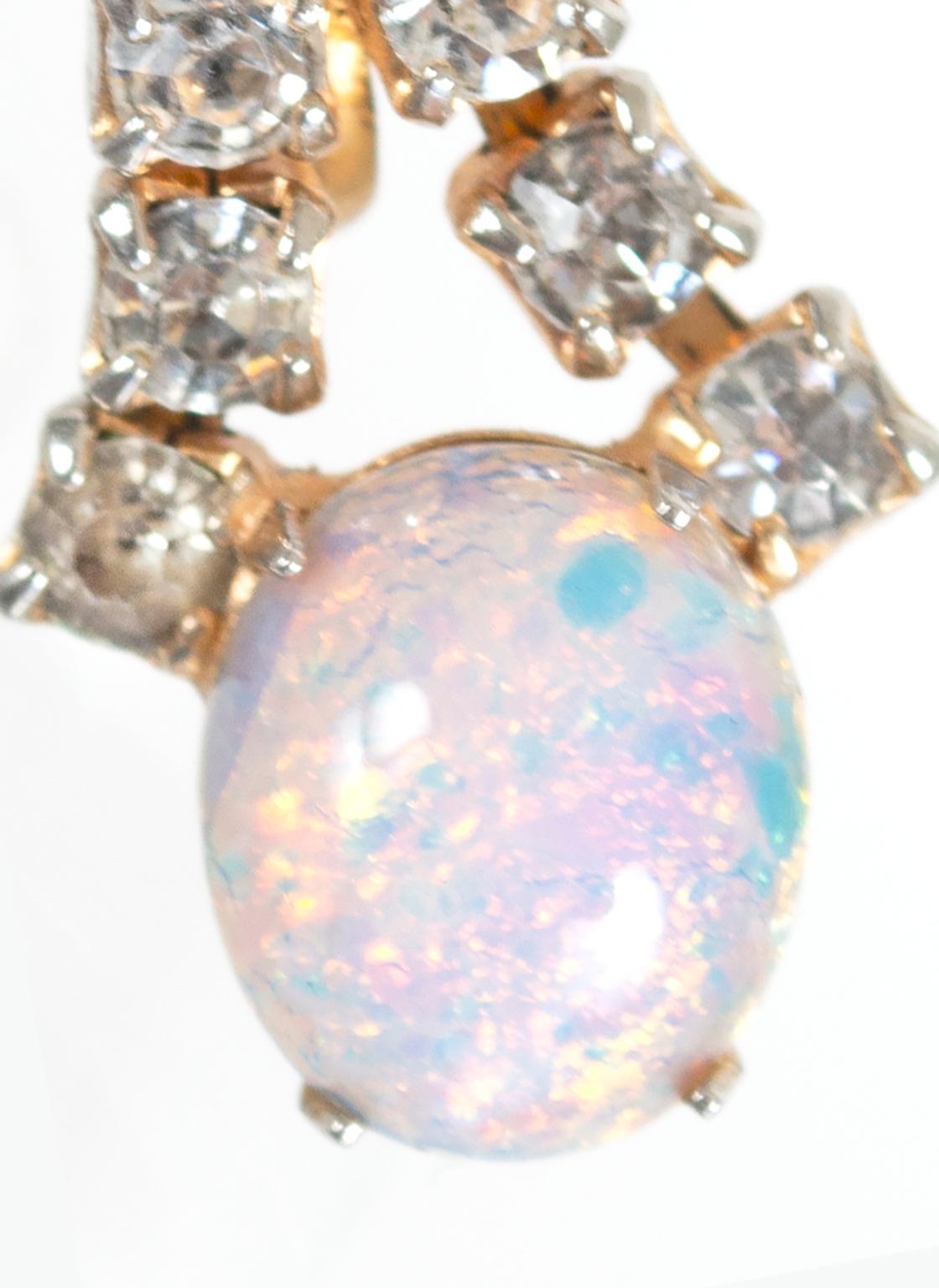 Art Nouveau Genuine Opal Cabochon and Rhinestone Drop Screwback Earrings, 1940s In Good Condition For Sale In Tucson, AZ