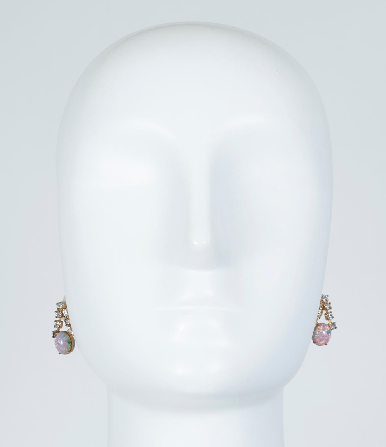 Women's Art Nouveau Genuine Opal Cabochon and Rhinestone Drop Screwback Earrings, 1940s For Sale
