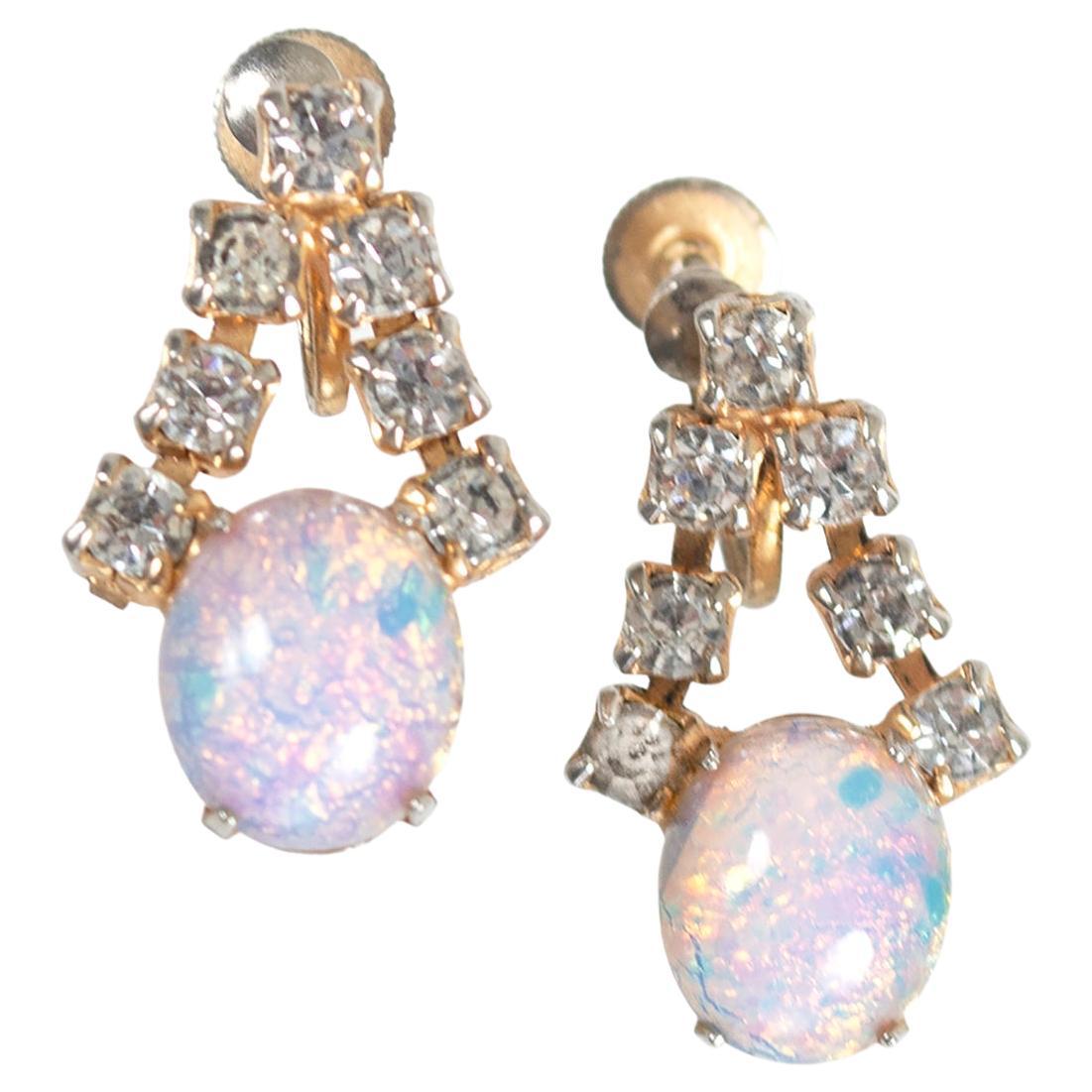 Art Nouveau Genuine Opal Cabochon and Rhinestone Drop Screwback Earrings, 1940s