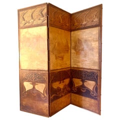 Art Nouveau Georg Hulbe Tooled Leather Three Panel Screen, Nautical Motif, 1900