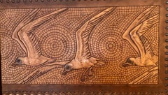 Art Nouveau Georg Hulbe Tooled Leather Three Panel Screen, Nautical Motif, 1900