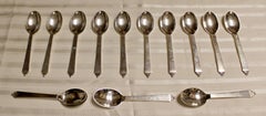 Art Nouveau Georg Jensen Sterling Silver Pyramid Set 13 Tea Spoons, Danish 1940s