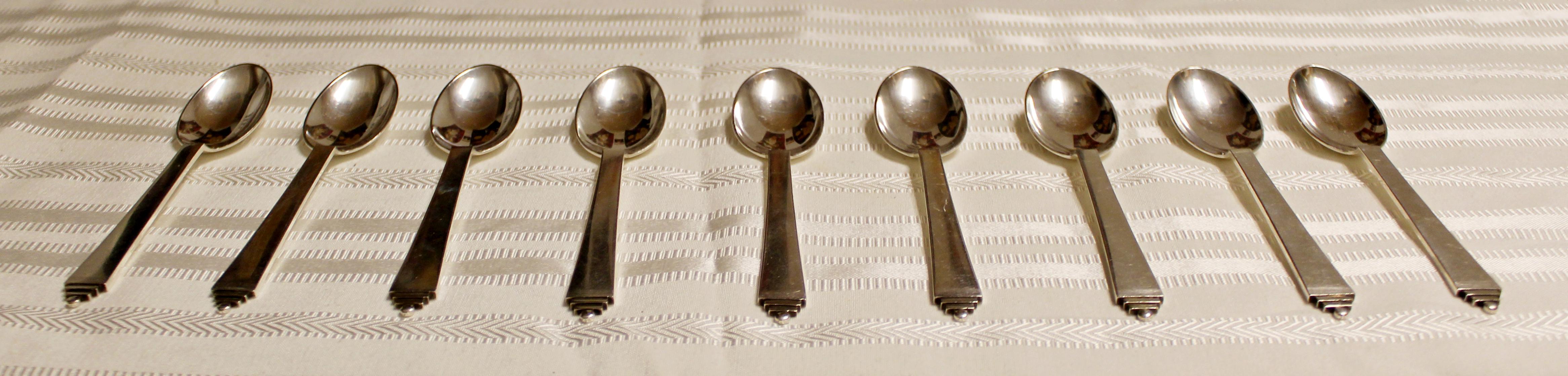 Mid-20th Century Art Nouveau Georg Jensen Sterling Silver Pyramid Set 9 Coffee Spoons, Danish