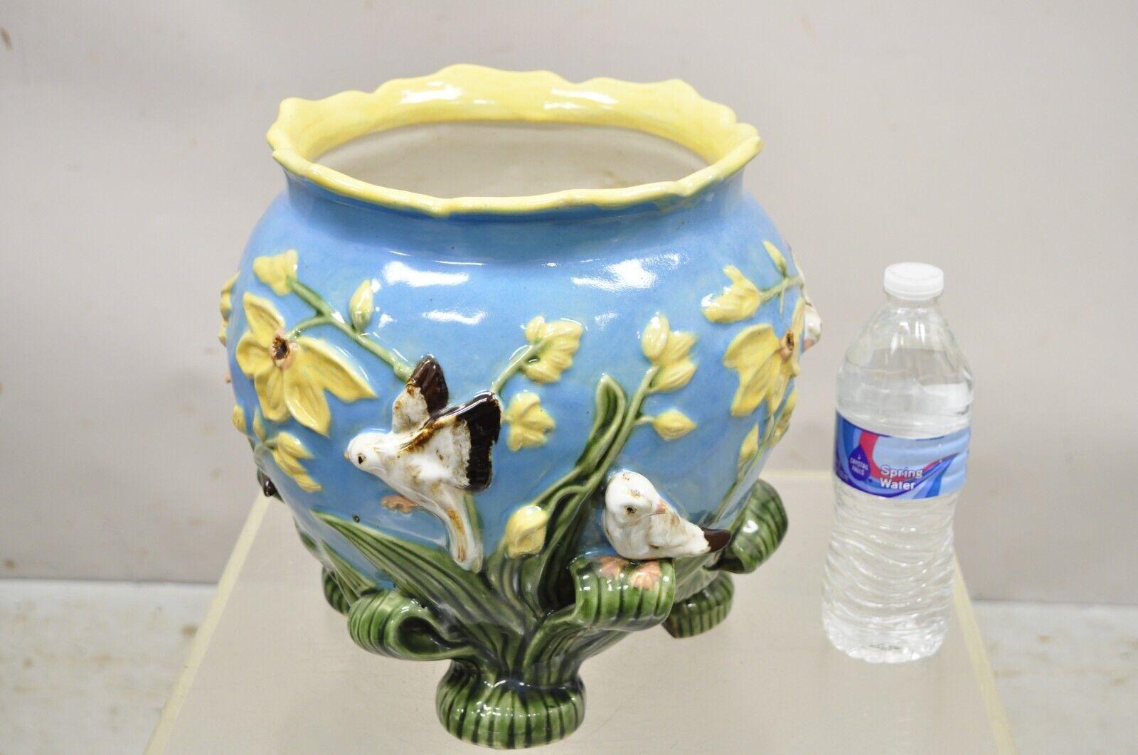Vintage George Jones Majolica Style Jardiniere Art Nouveau Birds Cachepot Flower Pot. Item features remarkable color and detail. Authenticity unconfirmed. Believed to be a reproduction. Circa Mid to Late 20th Century. Measurements: 11