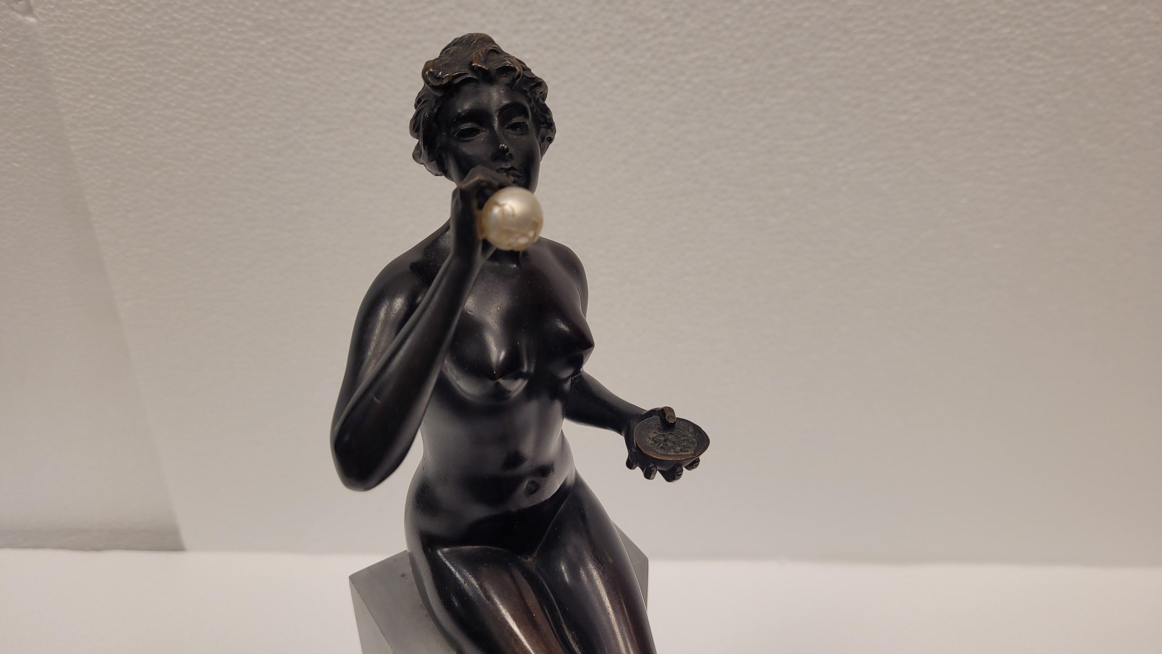 Art Nouveau German Bronze Sculpture Naked woman blowing bubbles For Sale 6