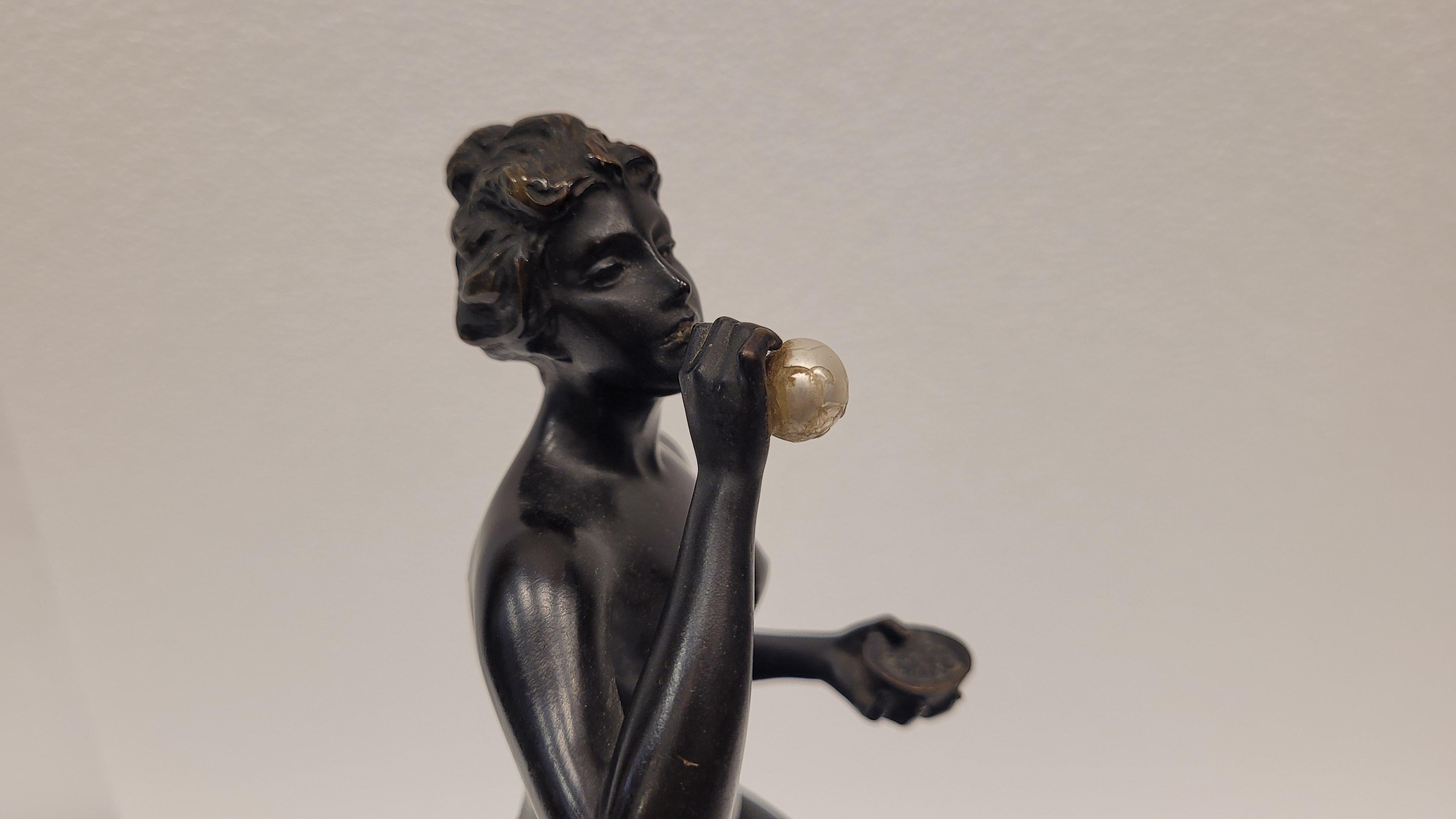 Art Nouveau German Bronze Sculpture Naked woman blowing bubbles 4