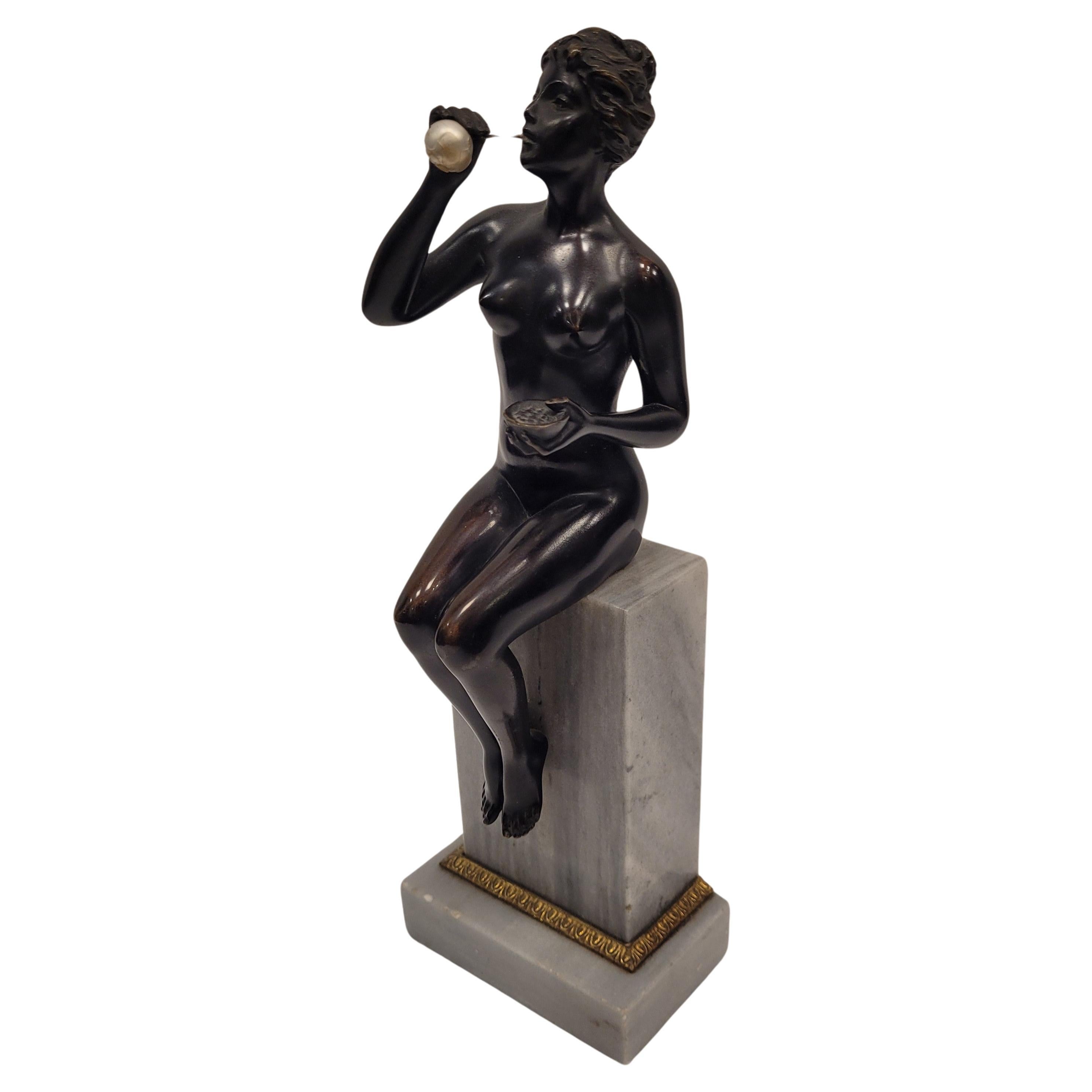 Art Nouveau German Bronze Sculpture Naked woman blowing bubbles For Sale
