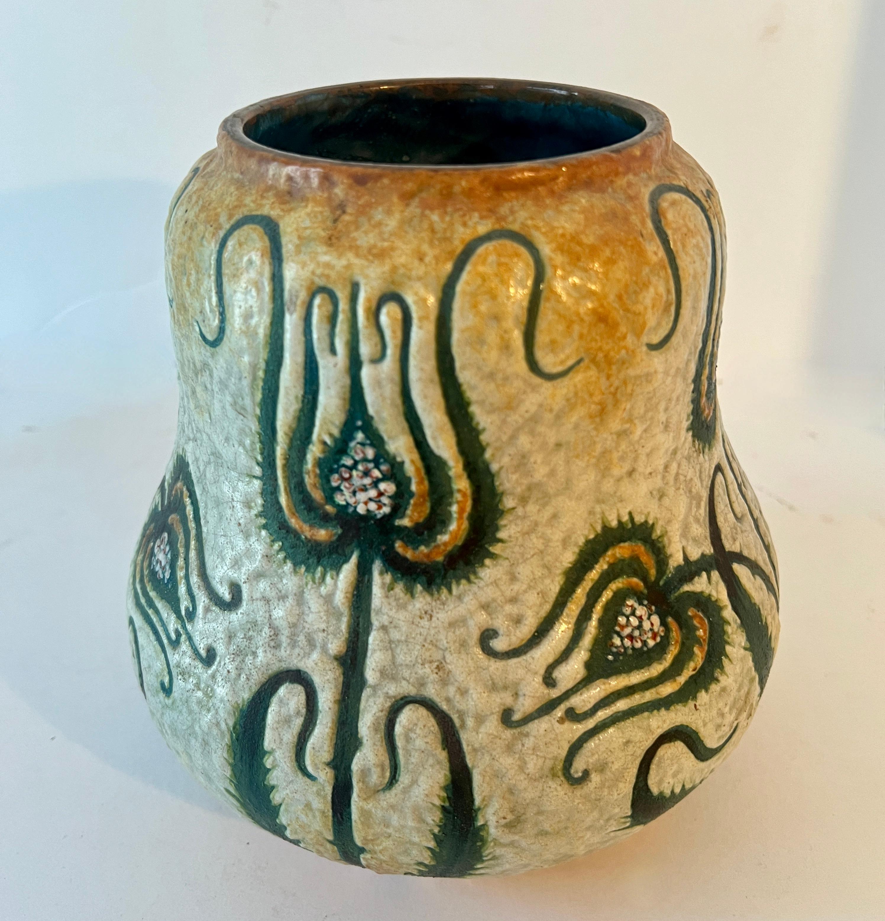 Art Nouveau German Royal Bonn Thistle Pottery Vase  1