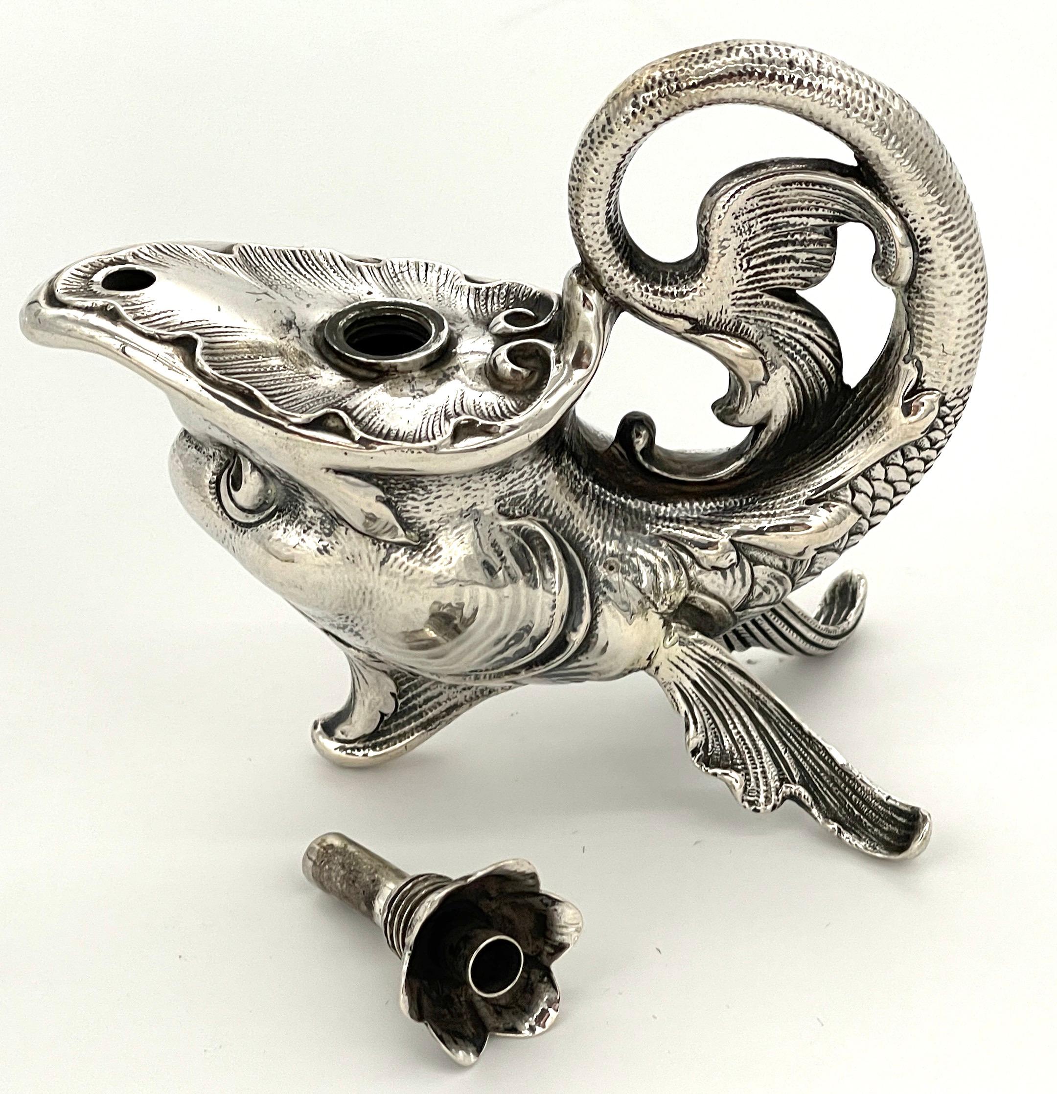 Cast Art Nouveau German Sterling Fantasy Fish Motif Oil Lamp/Cigar Lighter For Sale