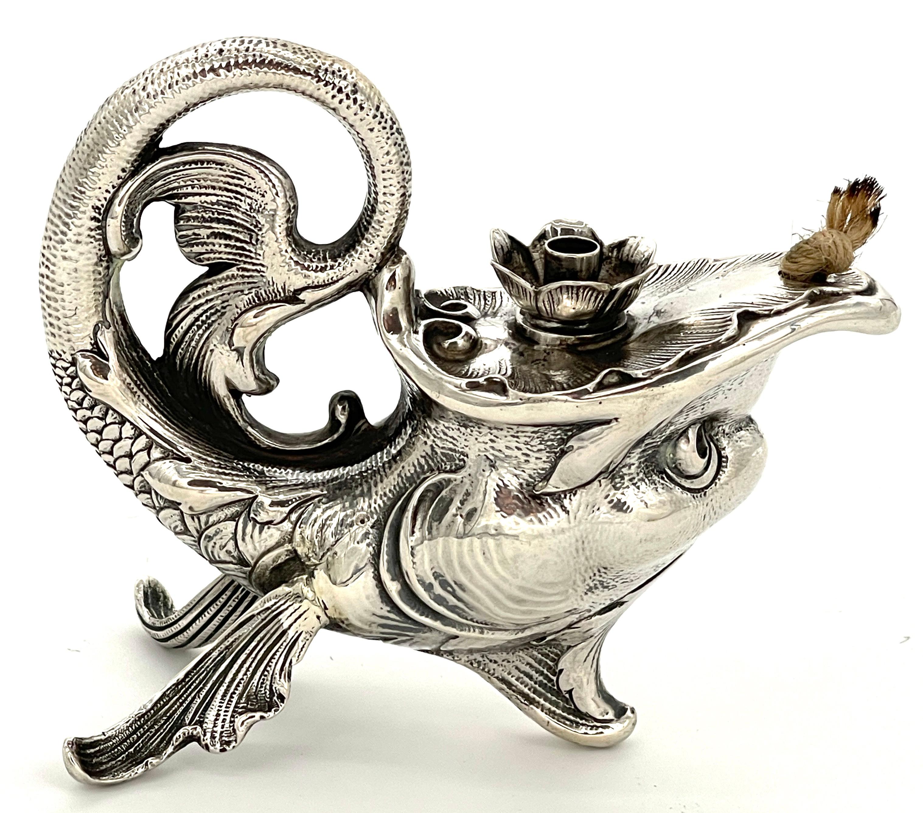 19th Century Art Nouveau German Sterling Fantasy Fish Motif Oil Lamp/Cigar Lighter For Sale