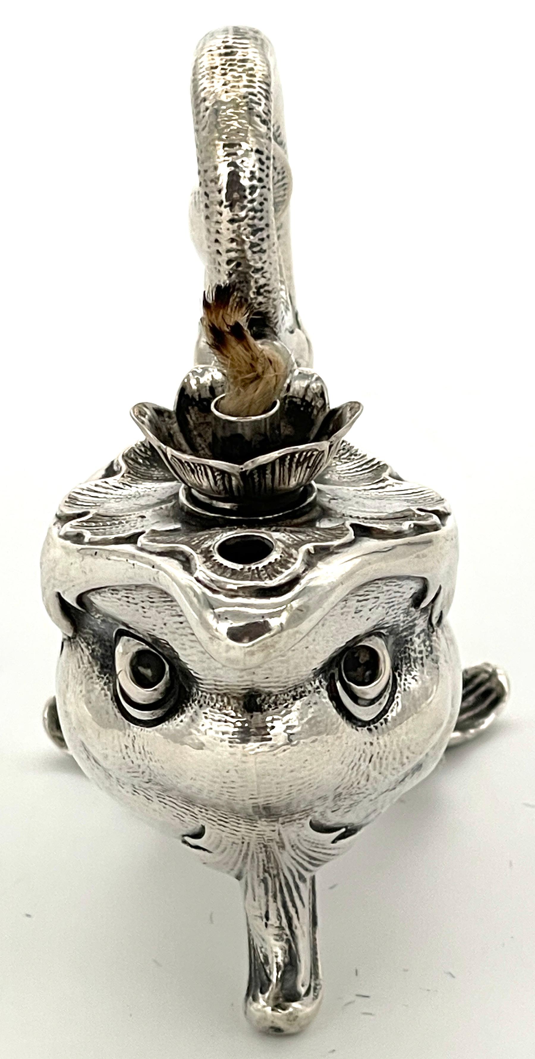 Sterling Silver Art Nouveau German Sterling Fantasy Fish Motif Oil Lamp/Cigar Lighter For Sale