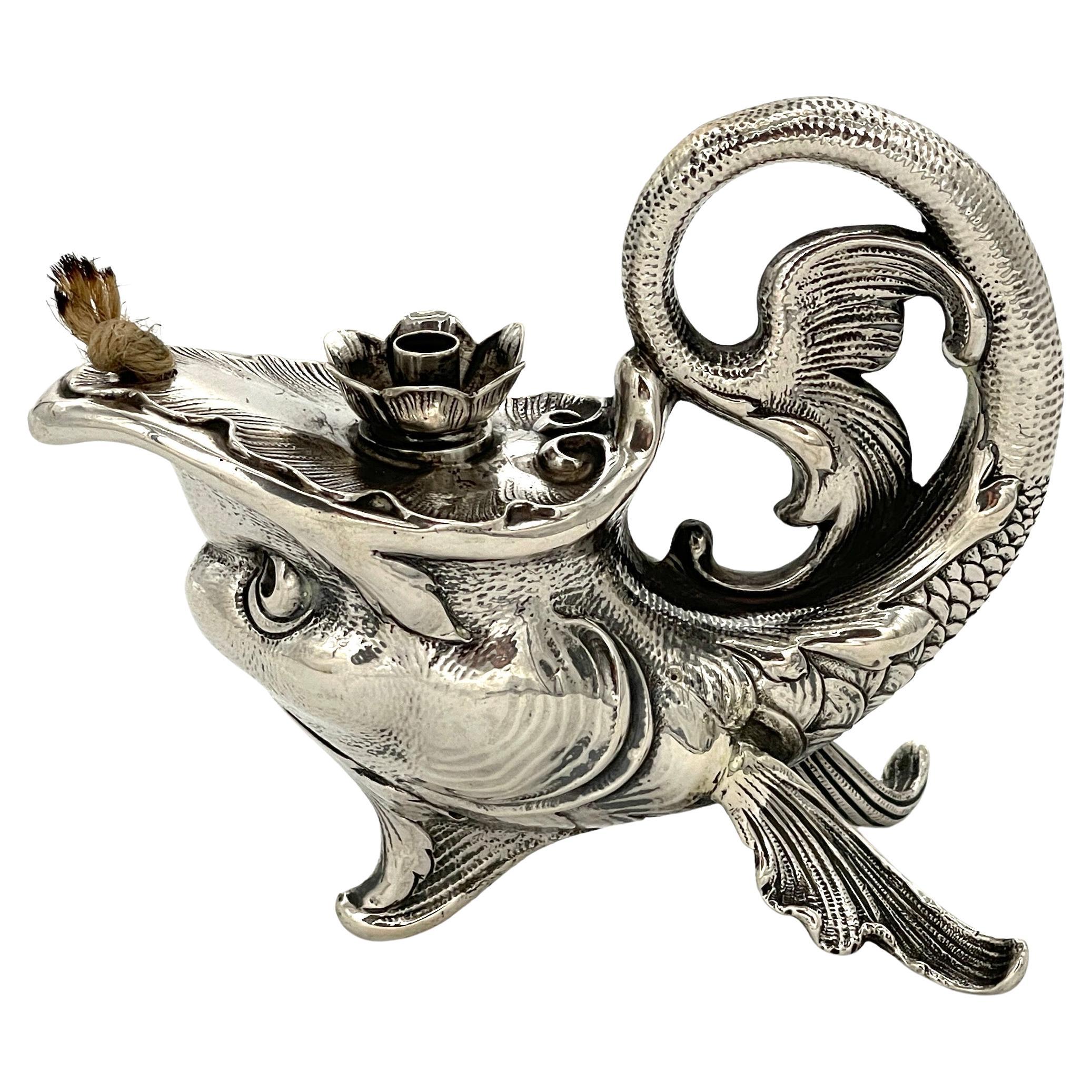 Art Nouveau German Sterling Fantasy Fish Motif Oil Lamp/Cigar Lighter For Sale
