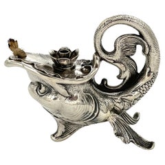 Art Nouveau German Sterling Fantasy Fish Motif Oil Lamp/Cigar Lighter
