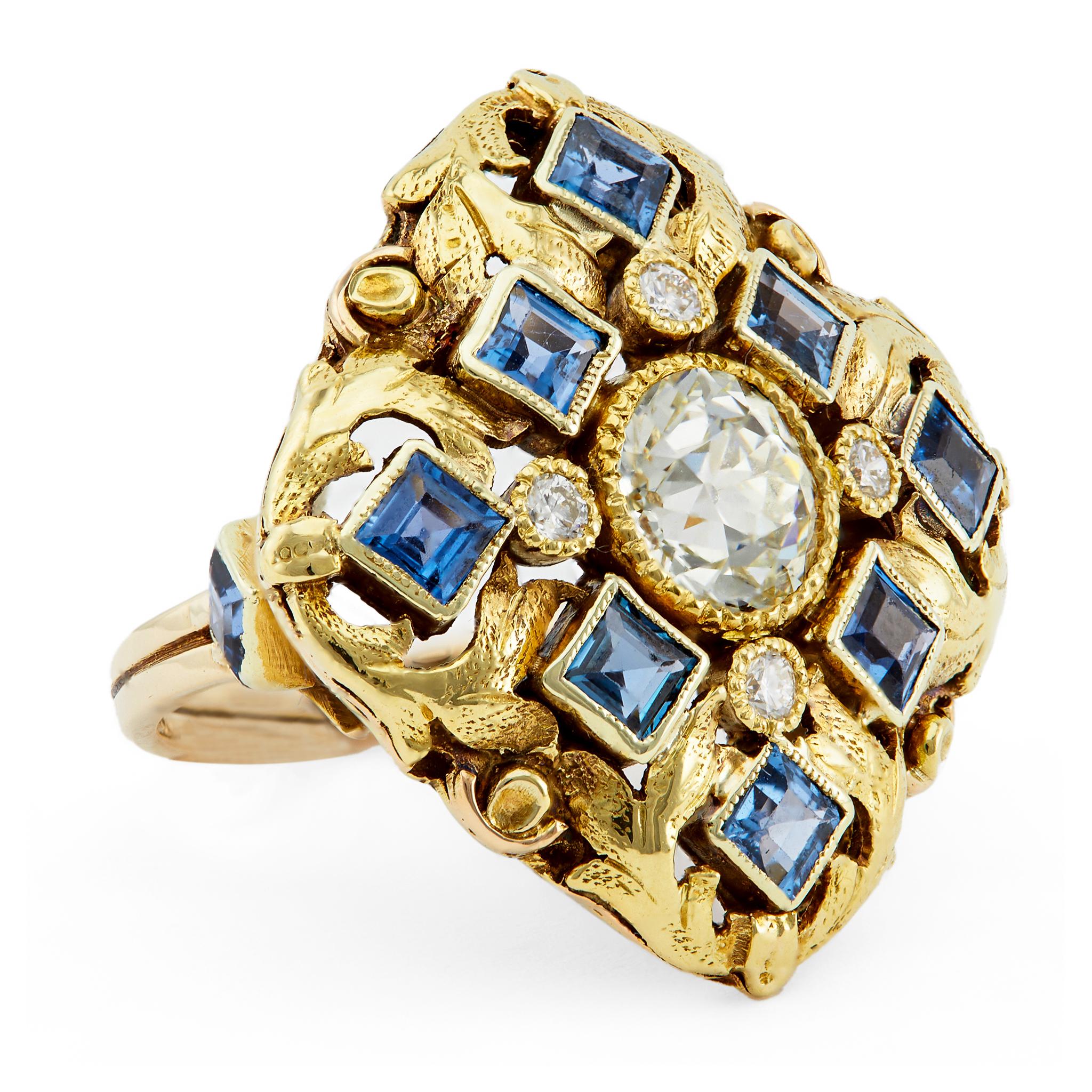 Women's or Men's Art Nouveau GIA 1.56 Carat Old European Diamond and Sapphire 14k Gold Ring