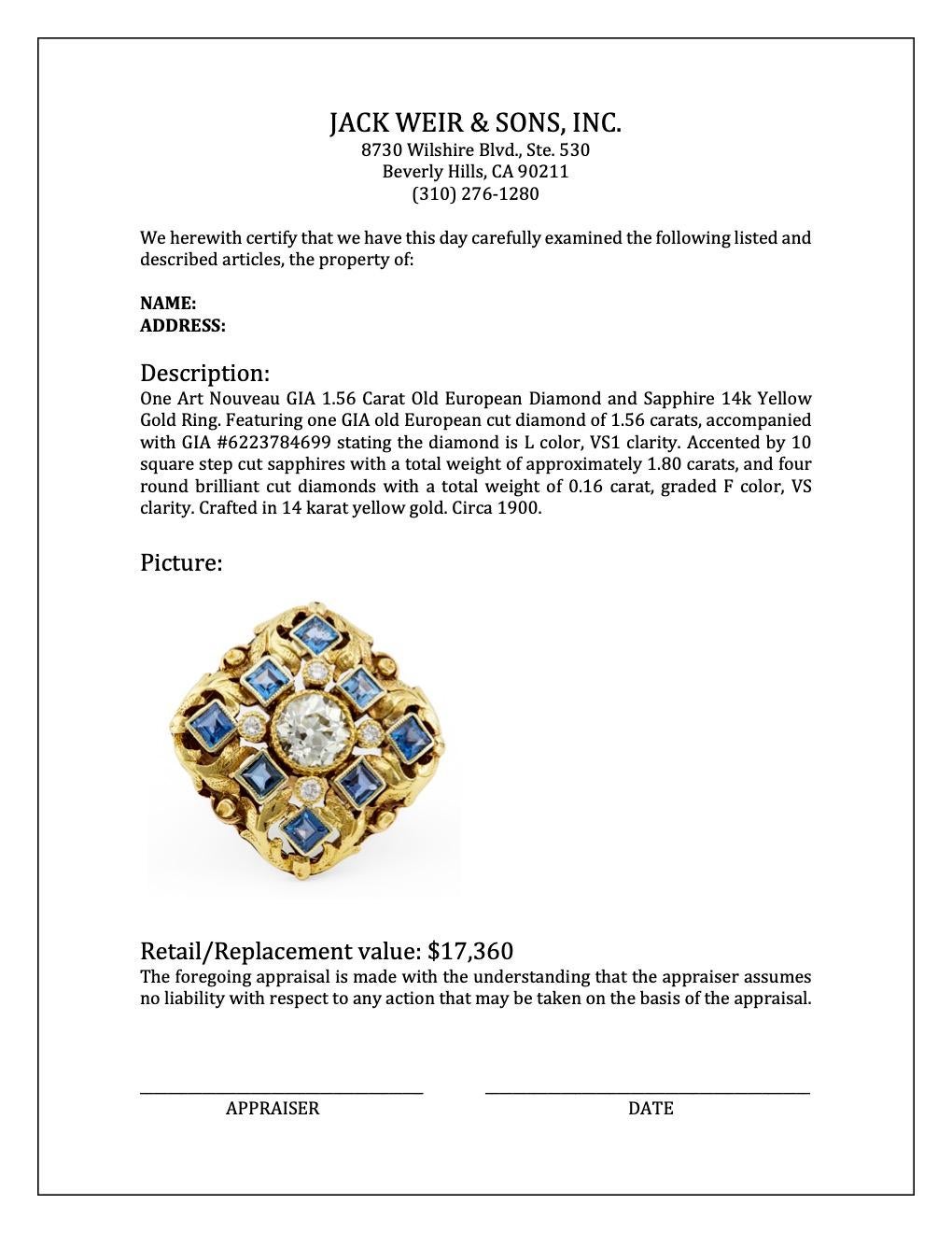 Art Nouveau GIA 1.56 Carat Old European Diamond and Sapphire 14k Gold Ring 2