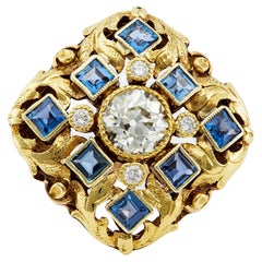 Art Nouveau GIA 1.56 Carat Old European Diamond and Sapphire 14k Gold Ring