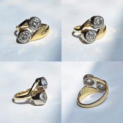 Art Nouveau GIA 1.60ct Old Mine Diamond Crossover "Toi et Moi" 18K Gold Ring