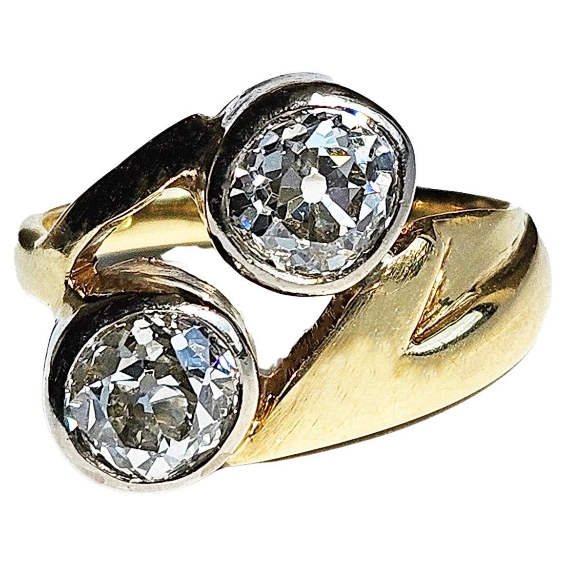 Art Nouveau GIA 1.60ct Old Mine Diamond Crossover "Toi et Moi" 18K Gold Ring