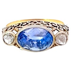 Art Nouveau GIA Ceylon No Heat 3.15 Carat Sapphire Gold Three Stone Ring