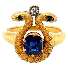 Art Nouveau GIA No Heat Sapphire Snake Ring 1ct Cushion Cut Original 1890's 18K