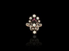 Art Nouveau Giardinetti Rose Cut Diamond Ruby Ring, Solid 9K Rose Gold Lyre Ring
