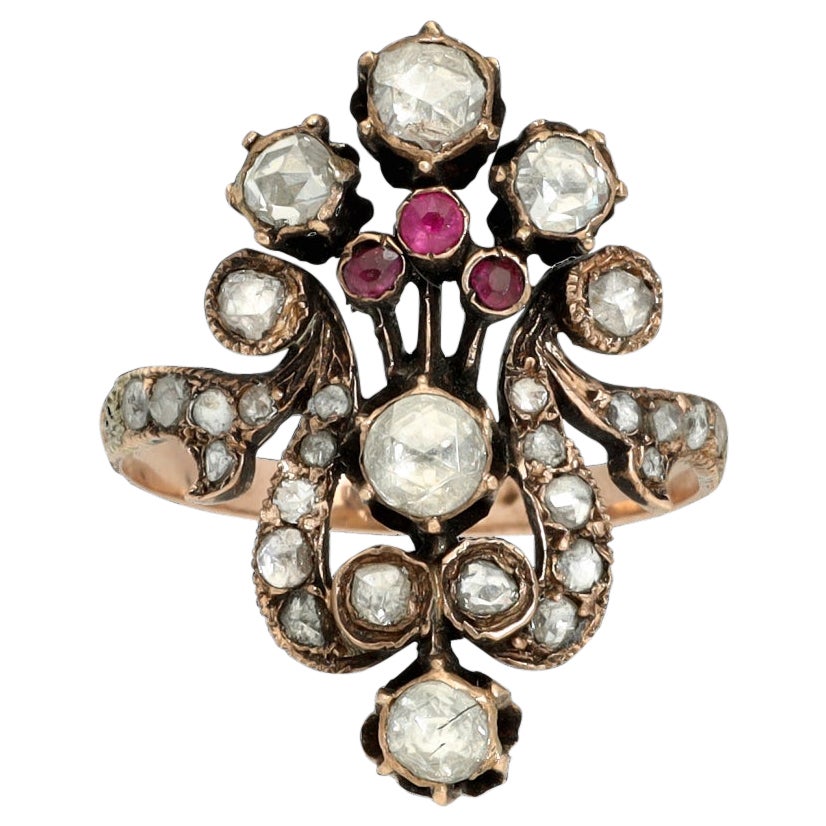 Art Nouveau Giardinetti Rose Cut Diamond Ruby Ring, Solid 9K Rose Gold Lyre Ring For Sale