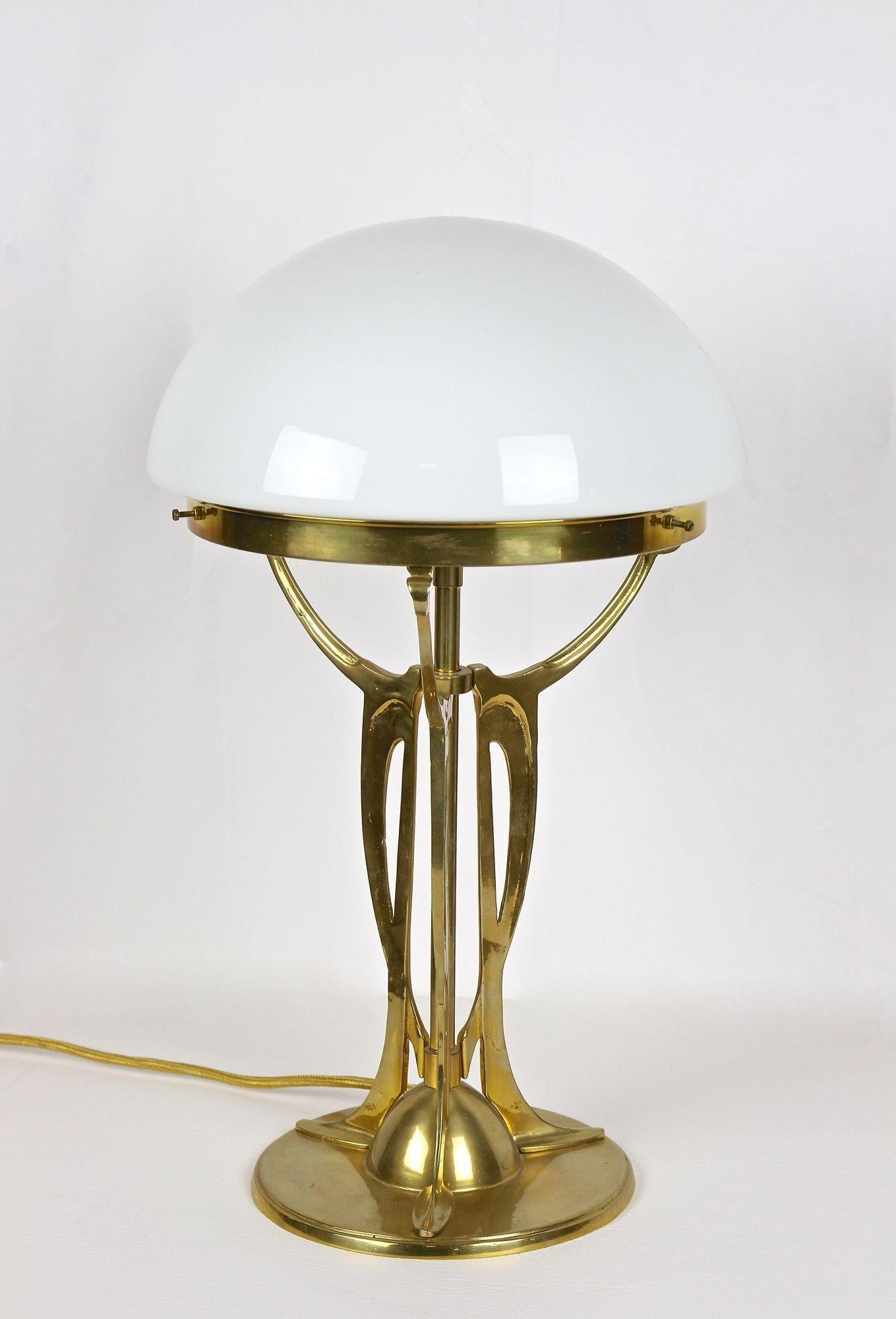 Art Nouveau Gilt Brass Table Lamp With White Glass Lampshade, Austria ca. 1910 5
