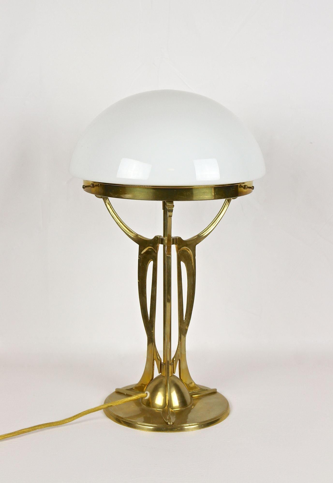 Art Nouveau Gilt Brass Table Lamp With White Glass Lampshade, Austria ca. 1910 9