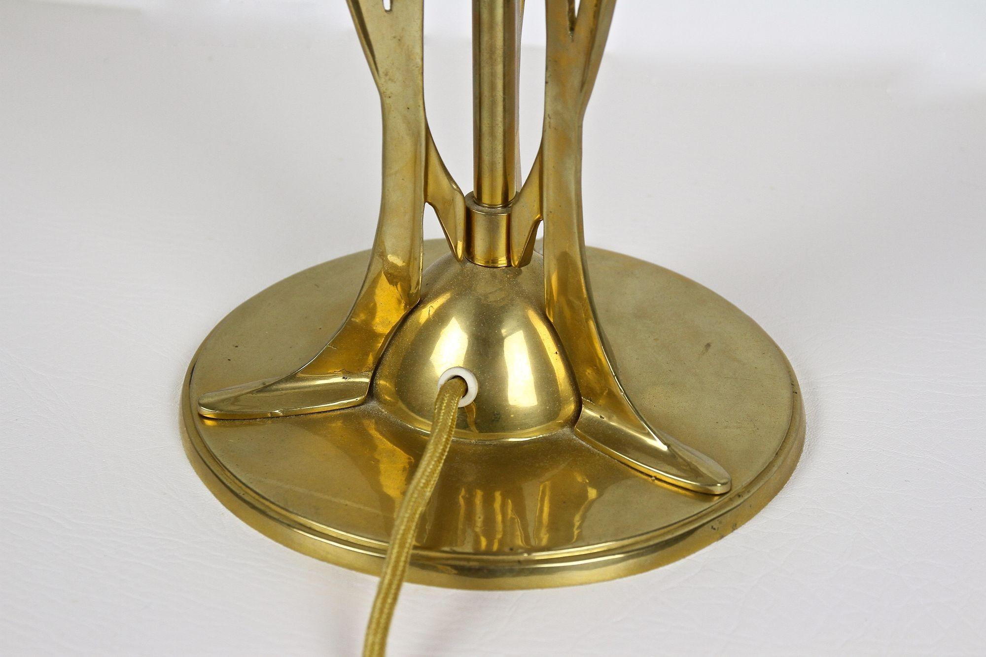 Art Nouveau Gilt Brass Table Lamp With White Glass Lampshade, Austria ca. 1910 11
