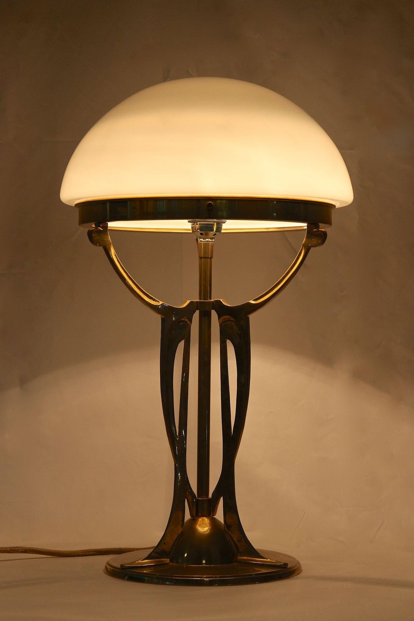 Austrian Art Nouveau Gilt Brass Table Lamp With White Glass Lampshade, Austria ca. 1910