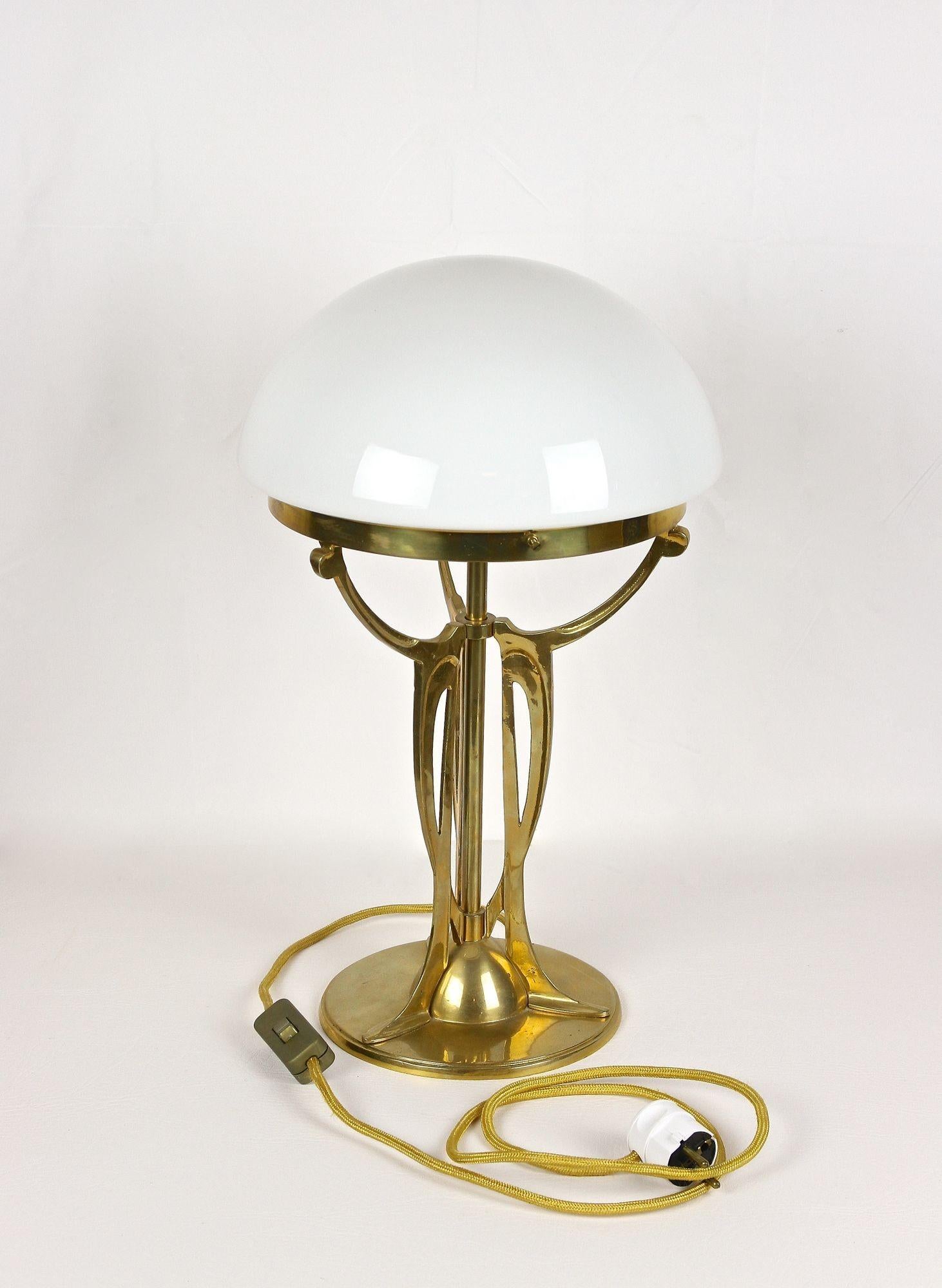 20th Century Art Nouveau Gilt Brass Table Lamp With White Glass Lampshade, Austria ca. 1910