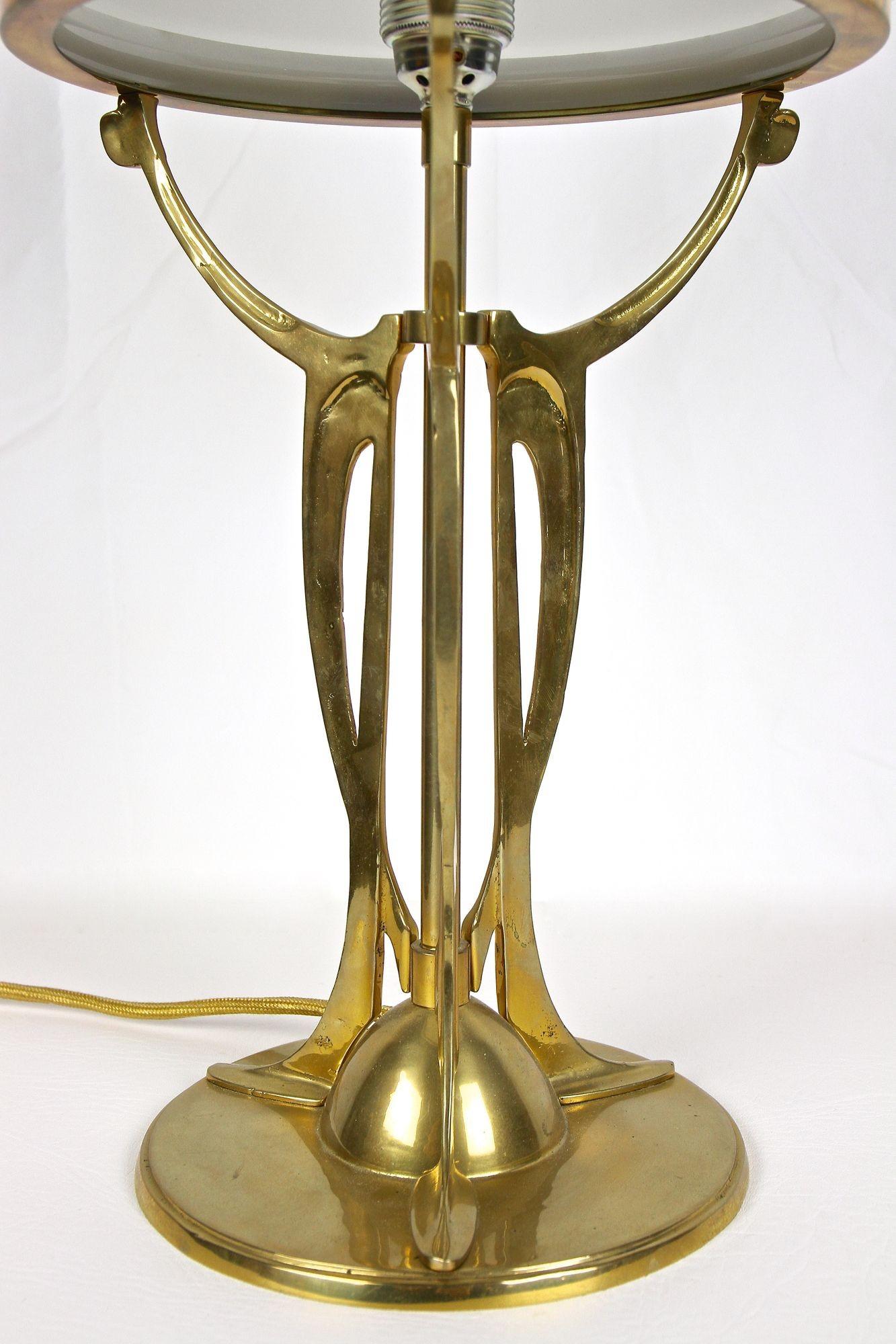 Art Nouveau Gilt Brass Table Lamp With White Glass Lampshade, Austria ca. 1910 1