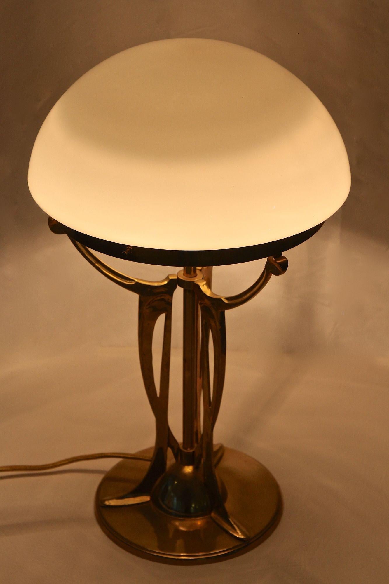 Art Nouveau Gilt Brass Table Lamp With White Glass Lampshade, Austria ca. 1910 2