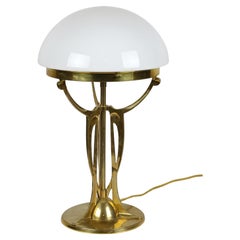 Antique Art Nouveau Gilt Brass Table Lamp With White Glass Lampshade, Austria ca. 1910