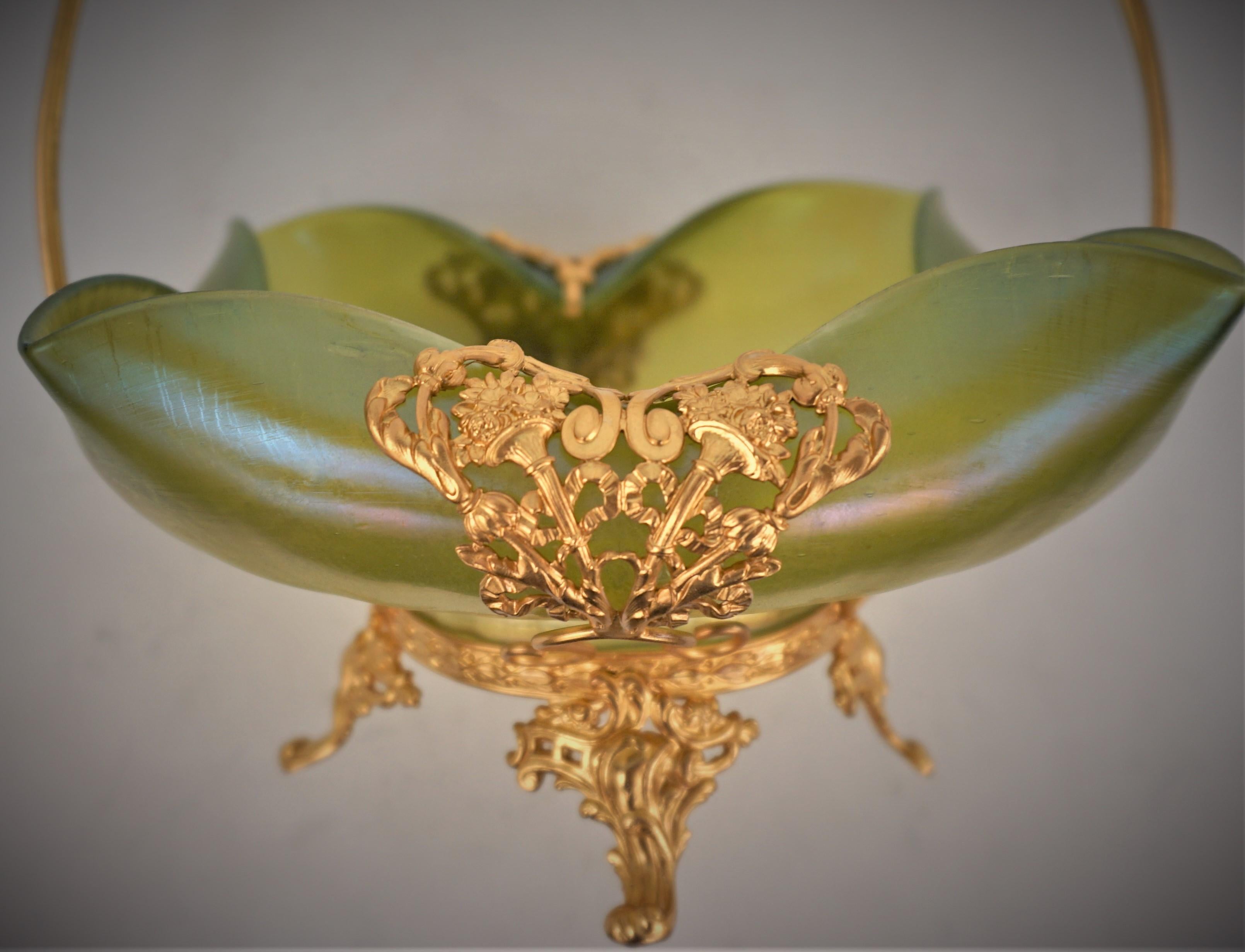 French Art Nouveau Gilt Bronze and Art Glass Bowl For Sale