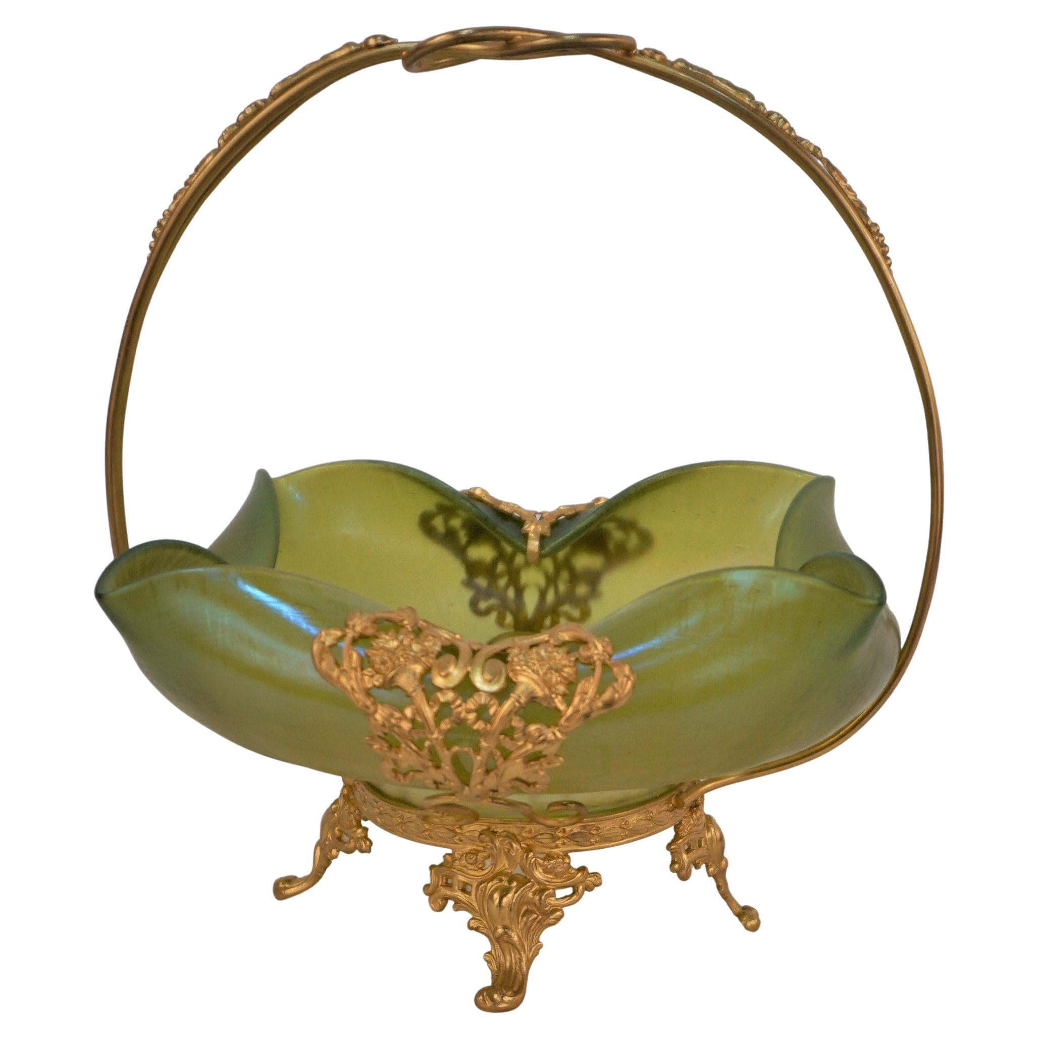 Art Nouveau Gilt Bronze and Art Glass Bowl For Sale