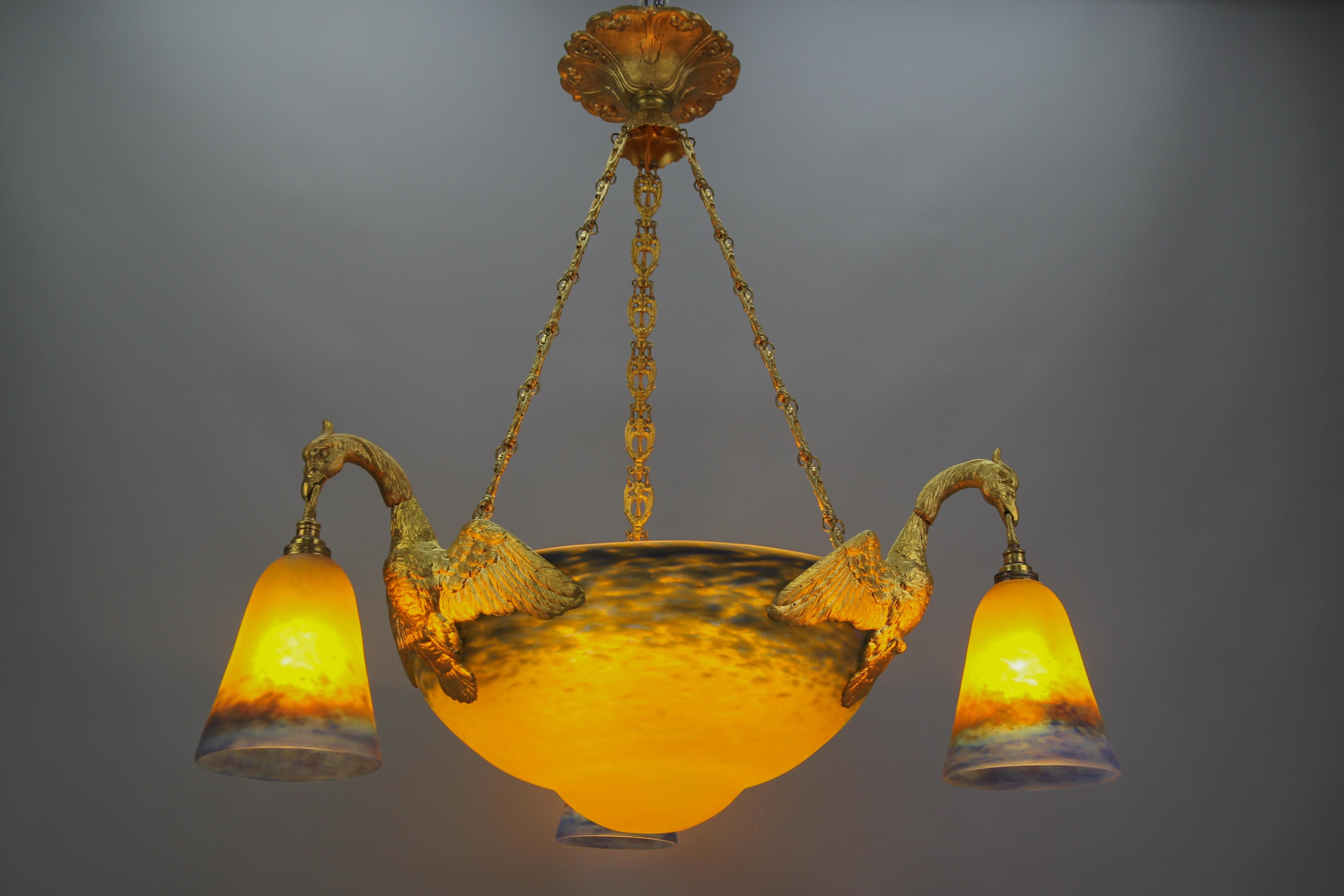 Art Nouveau Gilt Bronze and Muller Frères Lunéville Glass Six-Light Chandelier 6