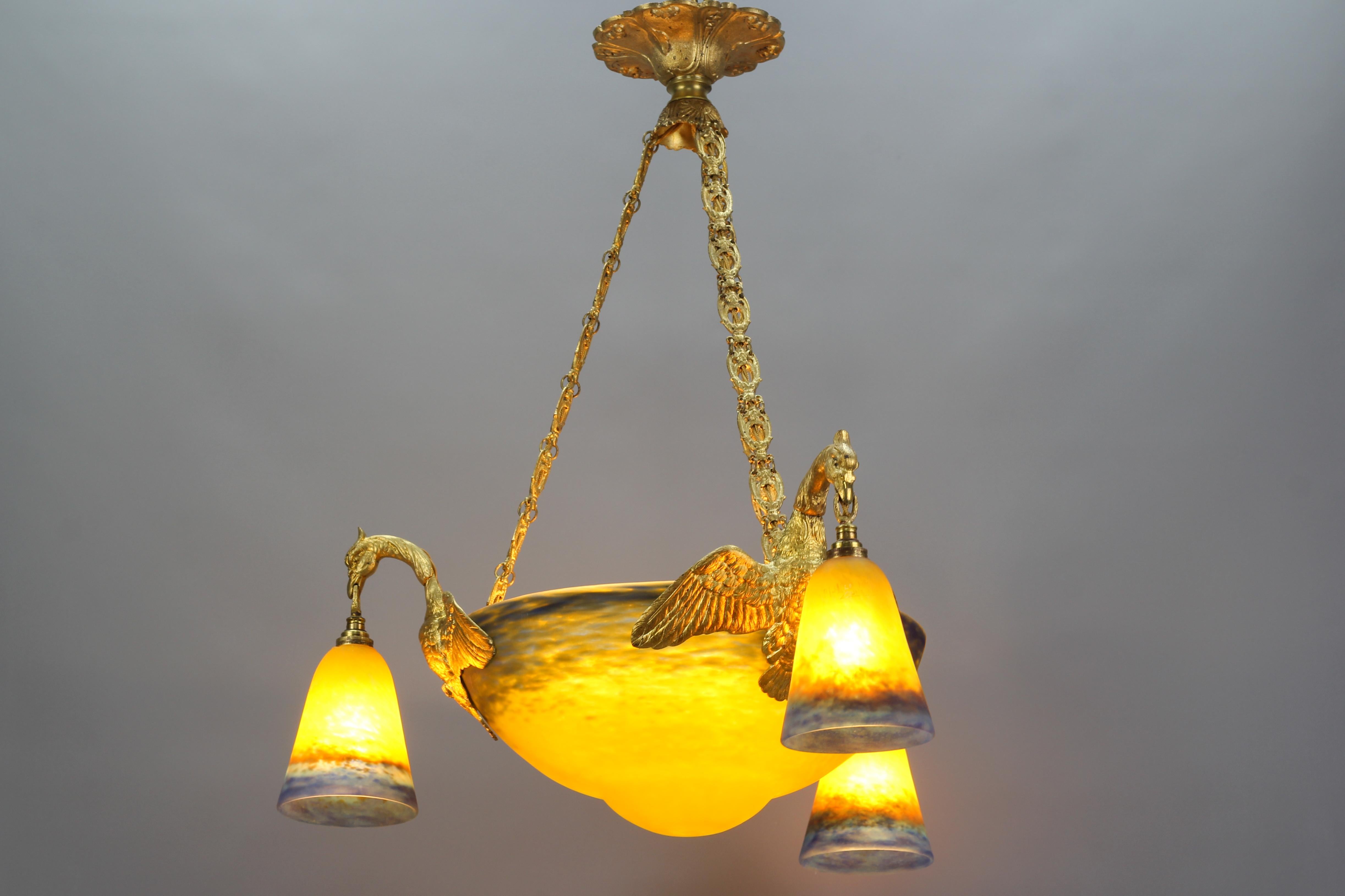 French Art Nouveau Gilt Bronze and Muller Frères Lunéville Glass Six-Light Chandelier