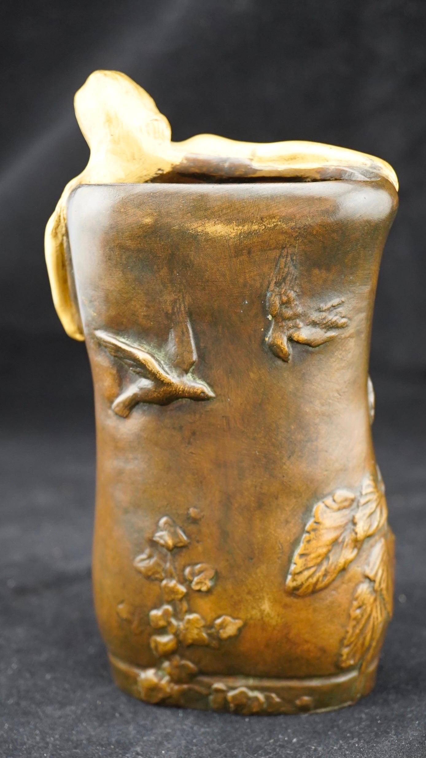 Cast Art Nouveau Gilt and Patinated Bronze Nude  Figure Bud Vase by Charle Korschann. For Sale