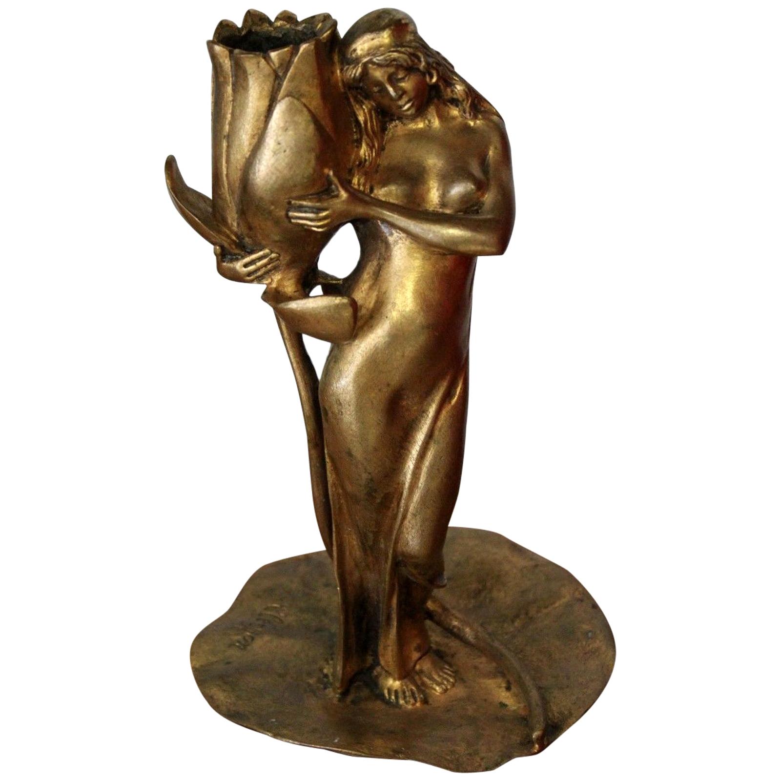Art Nouveau Gilt Bronze Candlestick by Clergon For Sale