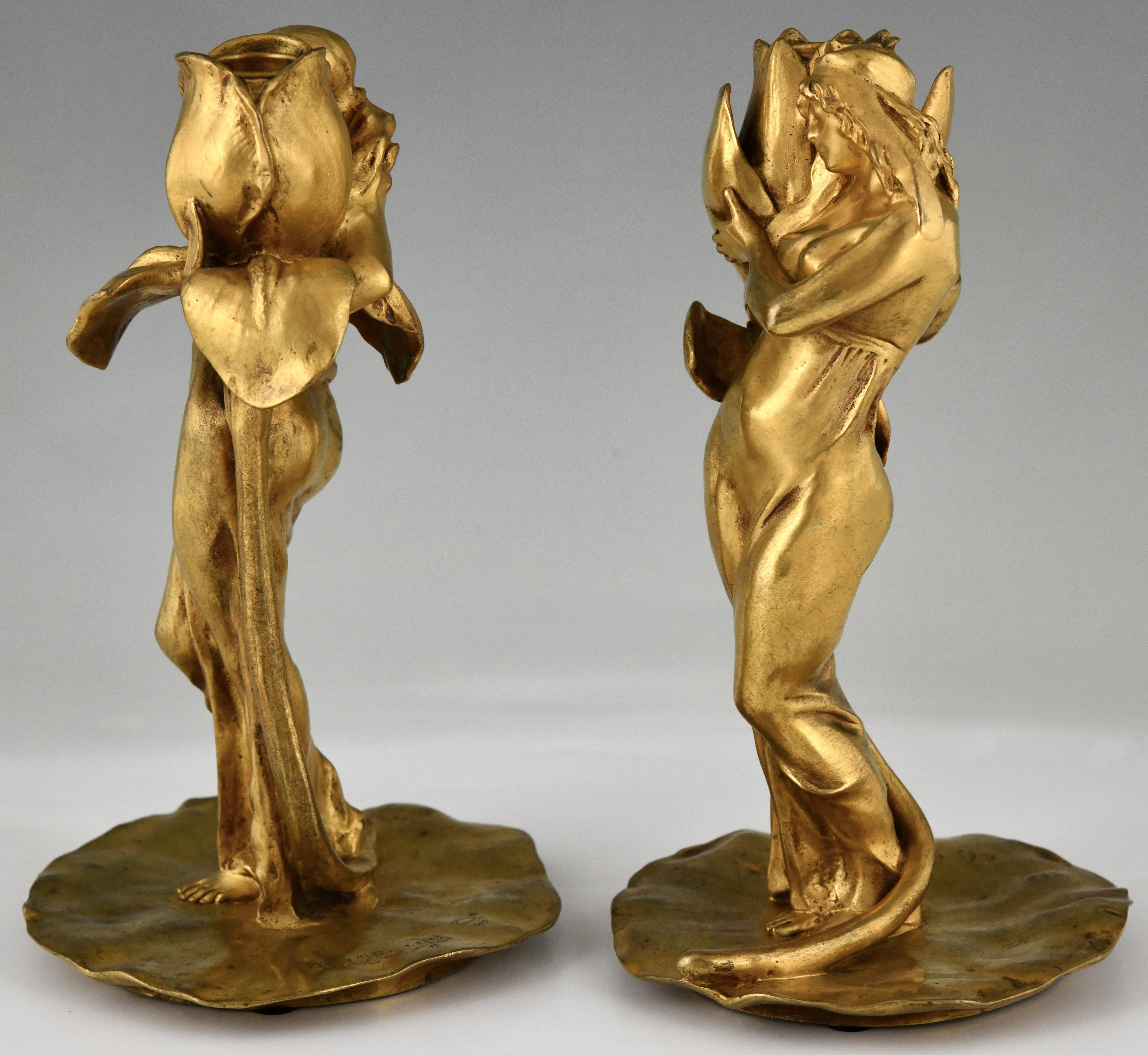 French Art Nouveau gilt bronze candlesticks lady with flower Iris & Lotus by A. Clerget