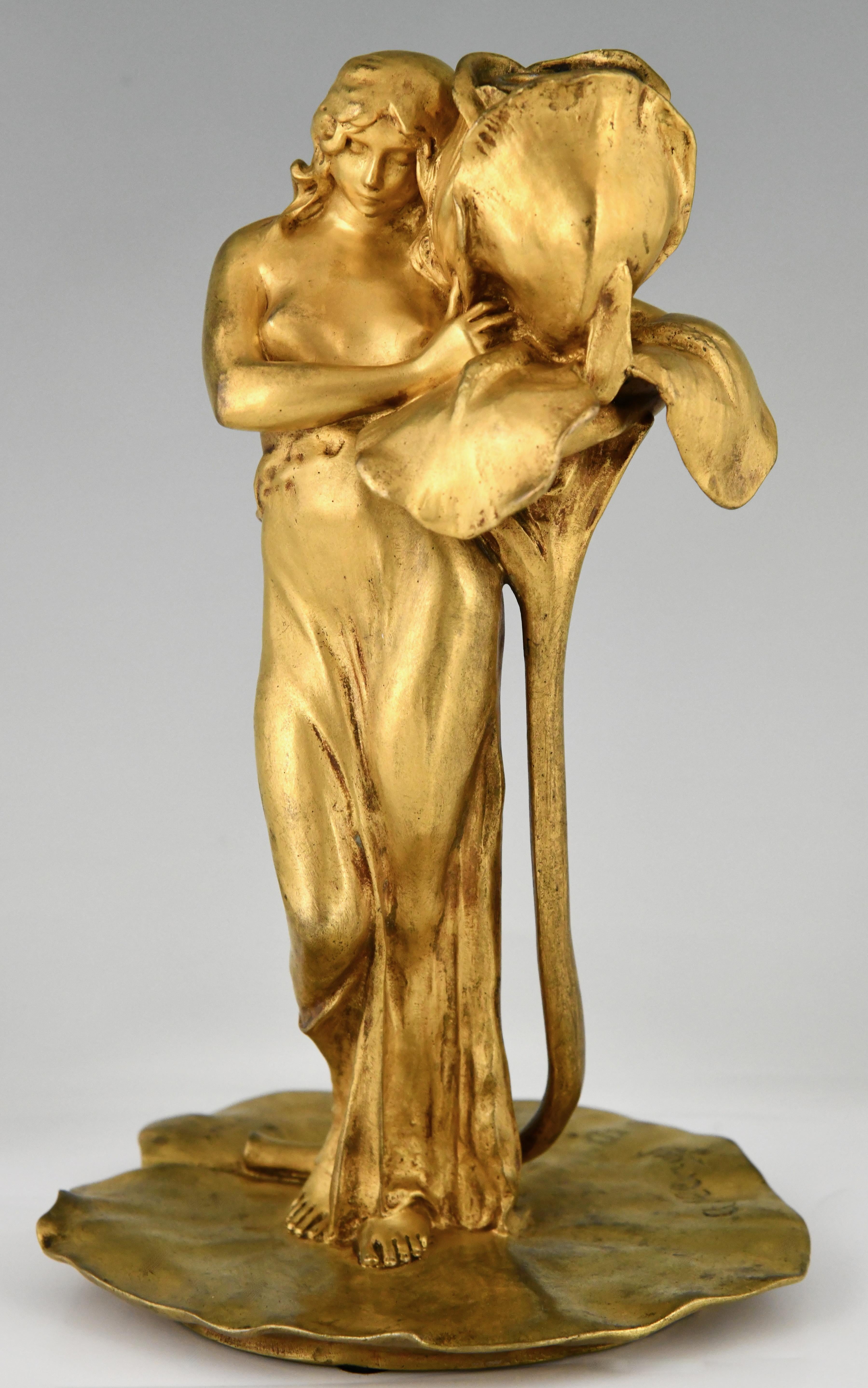 Art Nouveau gilt bronze candlesticks lady with flower Iris & Lotus by A. Clerget 2