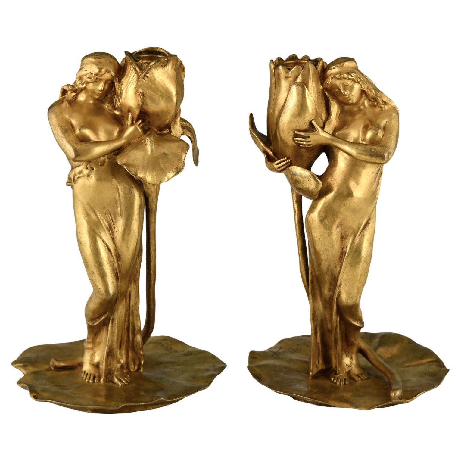 Art Nouveau gilt bronze candlesticks lady with flower Iris & Lotus by A. Clerget