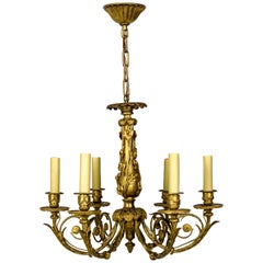 Antique Art Nouveau Gilt Bronze Chandelier with Ladybugs & Flora Scrolls