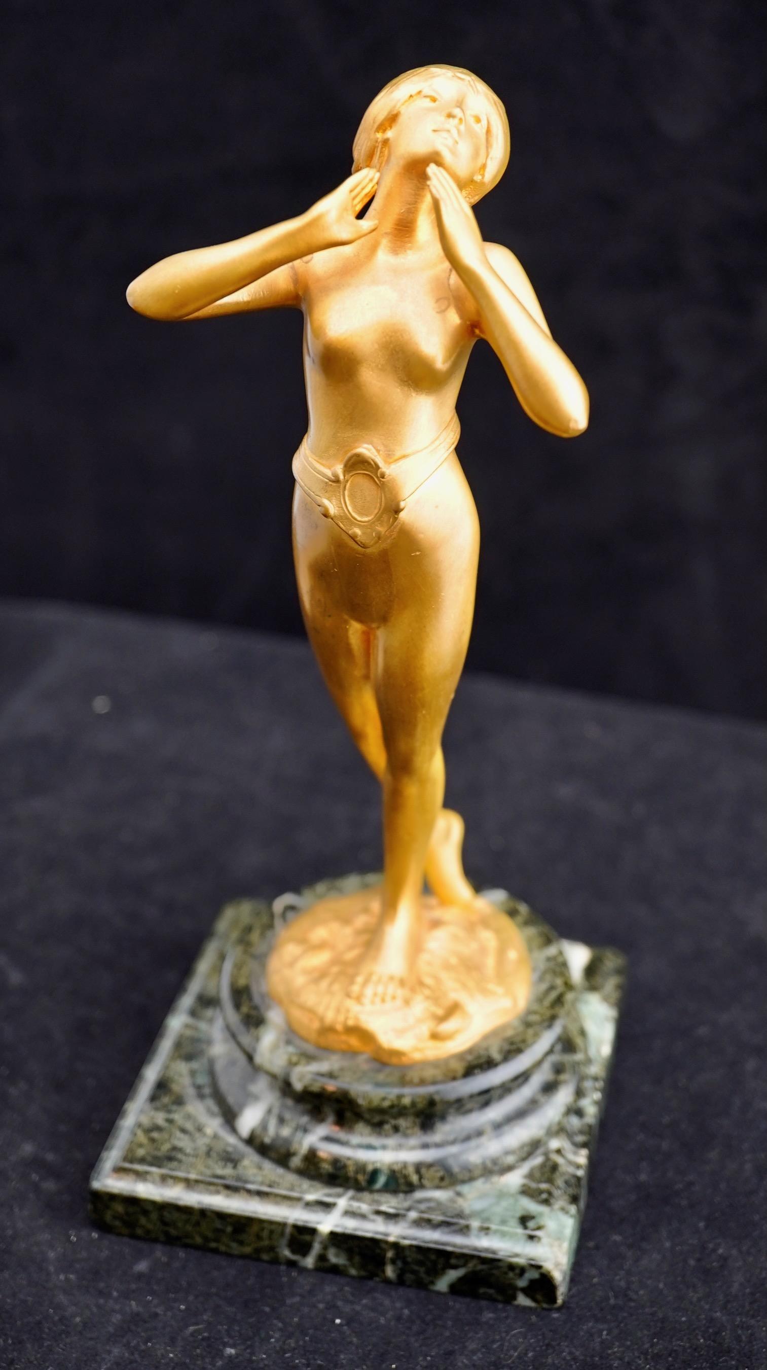 French Art Nouveau Gilt Bronze Female Nude Statue by Georges Flamand. For Sale