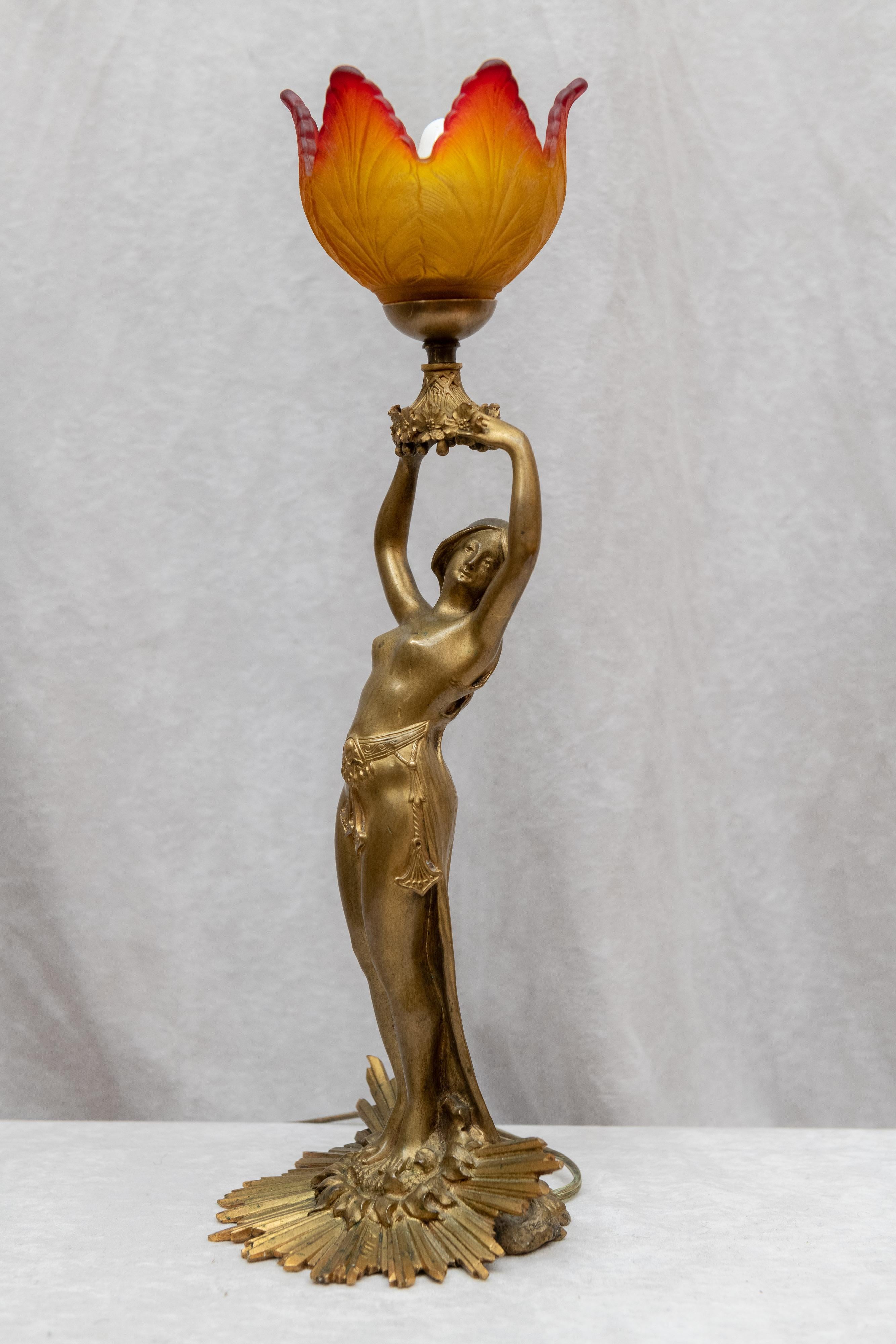 Art Nouveau Gilt Bronze Figural Lamp, French, Signed A. Fery, circa 1900 3
