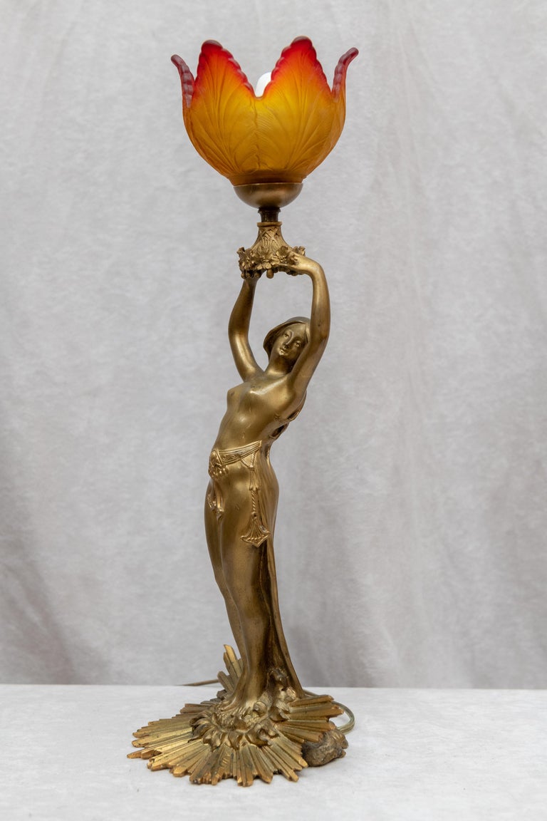 Art Nouveau Gilt Bronze Figural Lamp, French, Signed A. Fery, circa