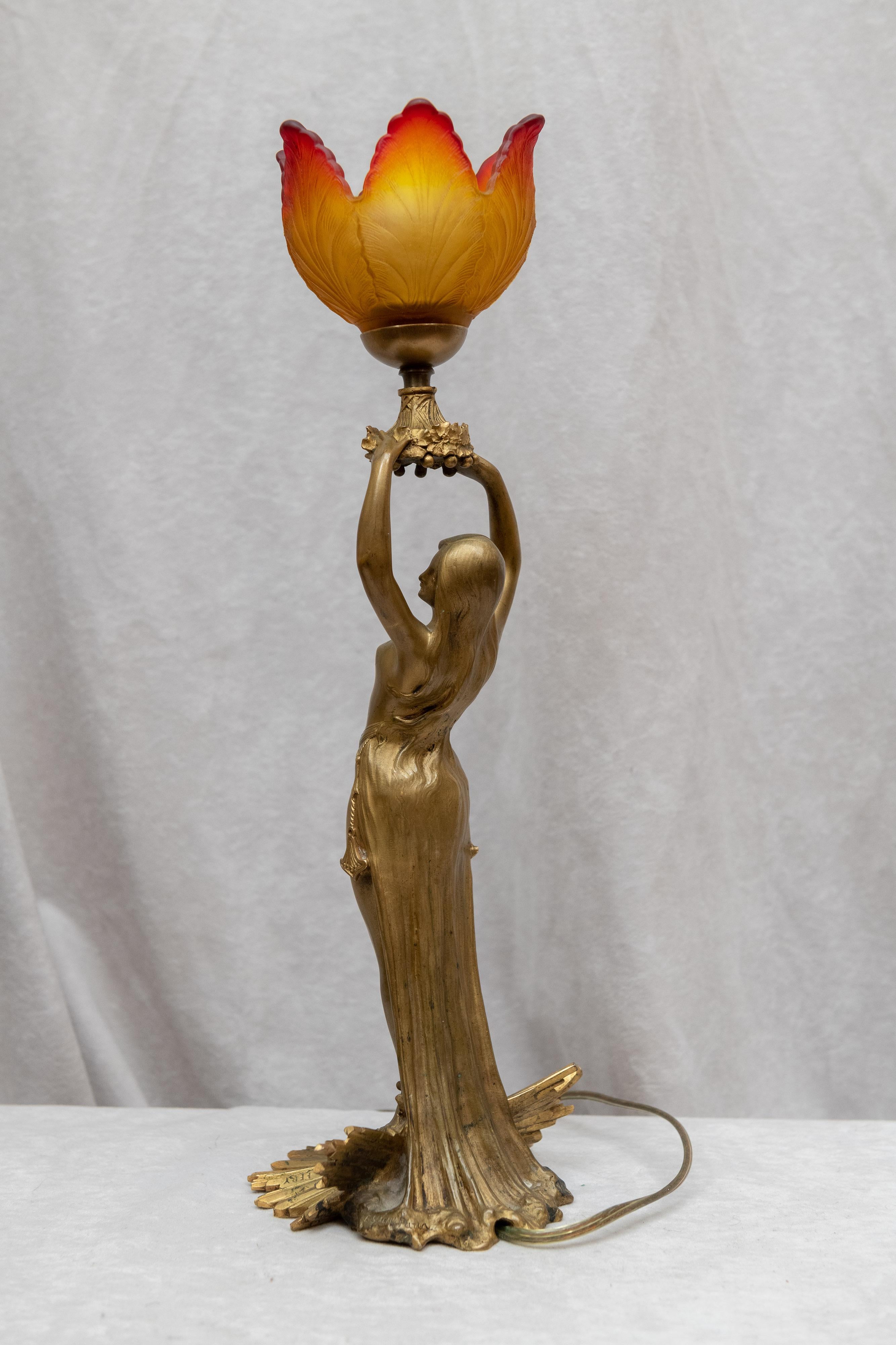 Art Nouveau Gilt Bronze Figural Lamp, French, Signed A. Fery, circa 1900 5