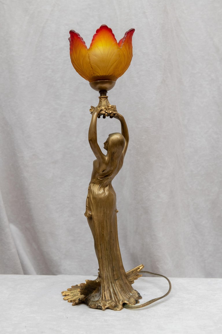 Art Nouveau Gilt Bronze Figural Lamp, French, Signed A. Fery, circa